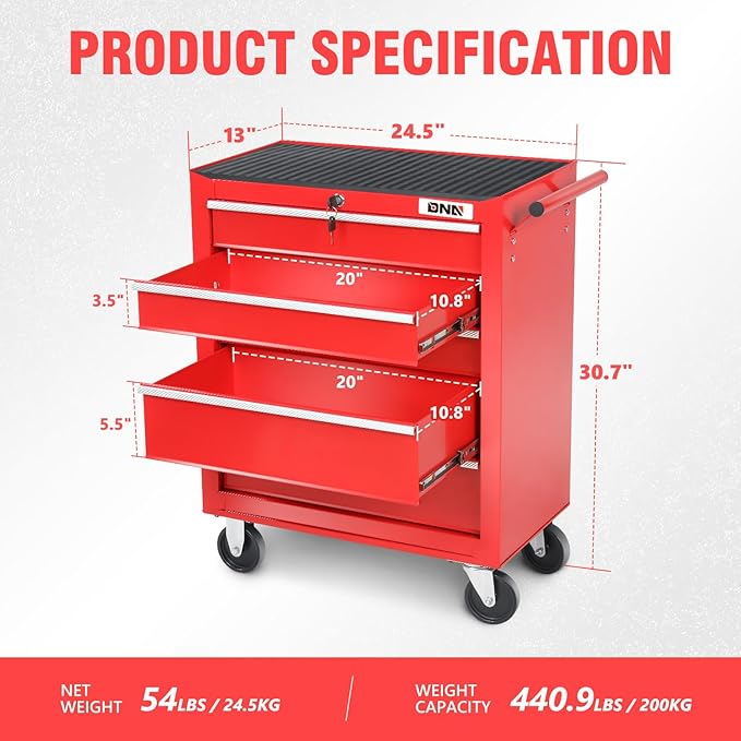 DNA MOTORING 5-Drawer Rolling Tools Chest, Rolling Tool Storage Cabinet, Heavy Duty Mechanic Tool Cart, Trolley Organizer for Garage, Warehouse, Workshop, Red, TOOLS-00398