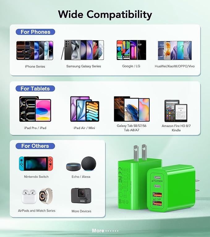 2 Pack USB C Charger, 40W Fast Charge Cube, 4-Port QC+PD Wall Plug,Multi-Port Type C Power Adapter for iPhone 17 16 15 14 13 12 Pro Max XS XR 8,Galaxy S24,Nexus,HTC,Google Pixel,and More(Green)