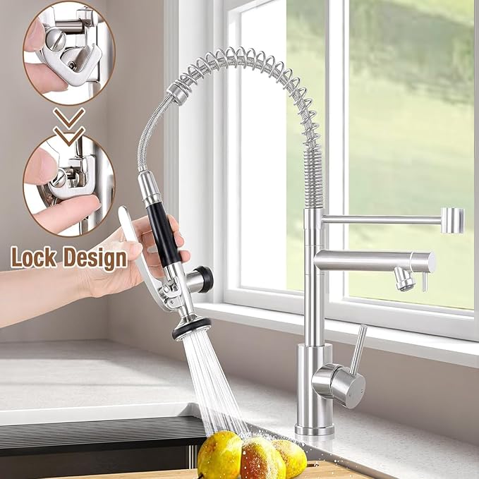Smart Kitchen Faucet, 3 Modes Pull Down Sprayer, LED Temperature Control, Ceramic Valve,360-Degree Rotation,1 or 3 Hole Deck Plate, Double Spout. 10-Year Warranty. (KW-05SN, Brushed Nickel)