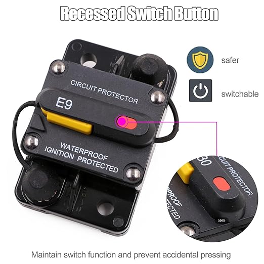 Hi-Amp 100A Circuit Breaker with Recessed Switch Design for Car Trailer Vehicles Stereo Audio ATV | Waterpoof IP67 Protection with Manual Reset DC 12V-48V 100 Amp