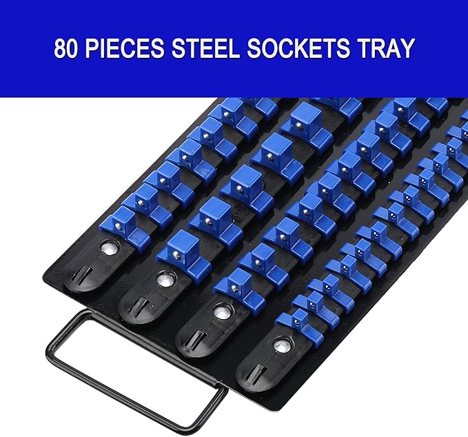 CASOMAN 80-Piece Heavy Duty Socket Organizer Tray, 1/4-Inch, 3/8-Inch, 1/2-Inch,Premium Quality Socket Holders,Black Rails with Blue Clips, Best Unique Tool Gift for Men