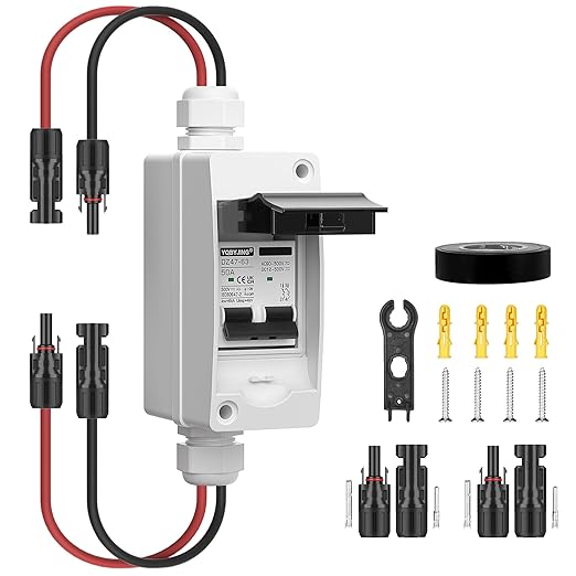 Solar Panel Disconnect Switch 50 Amp DC AC Miniature Circuit Breaker 500V 2 Poles with PV Connector and IP65 Waterproof UV-Proof Box for Outdoor Solar PV Homes Battery