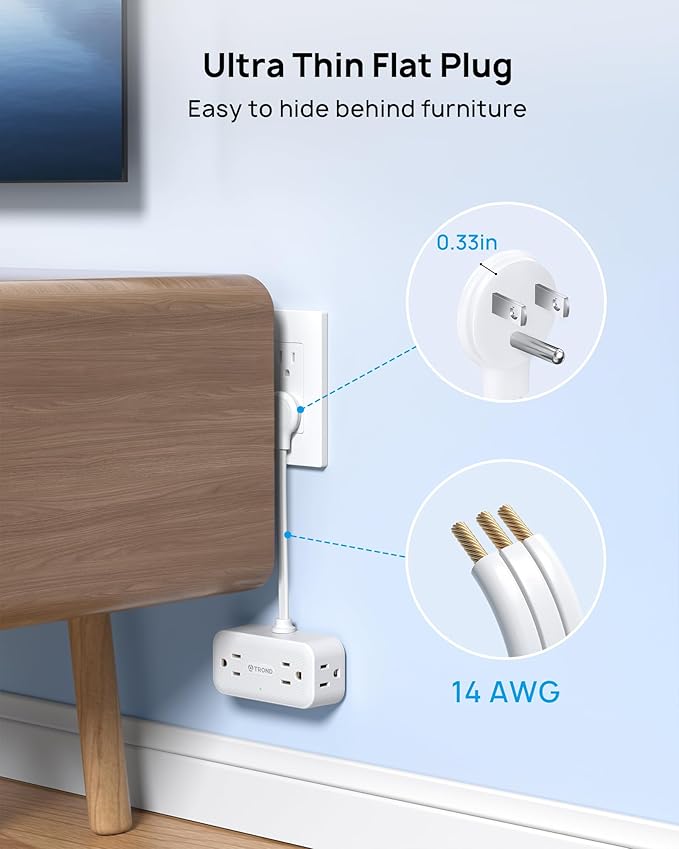 TROND Outlet Extender with 6 Inch Cord, Flat Plug Adapter with 4 Electrical Sockets, 900J Surge Protector, Wall Mountable, Multi Plug Wall Outlet for Home Office Travel Dorm Room Essentials, White