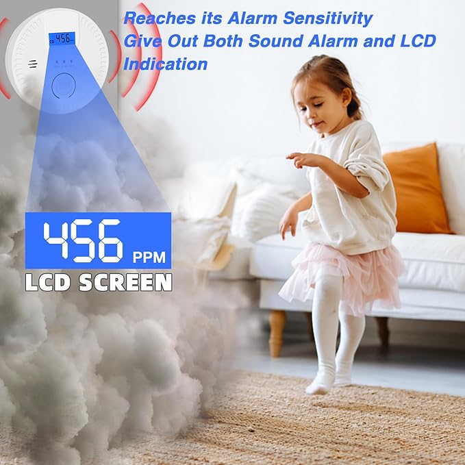 Smoke and Carbon Monoxide Detector, 2 in 1, Smoke & CO Alarm, 85db Sound, LCD Readout, Battery Operation, for Home and Kitchen, Easy Installation