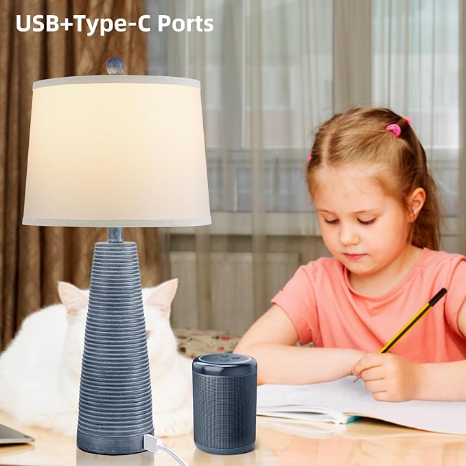 Terpsichore Nightstand Lamp Bedside Lamps Set of 2 Vintage Rustic Farmhouse Table Lamp 3 Way Dimmable Horizontal Stripe Light,Suitable for Living Room Bedroom,with Linen Shade LED Bulb,USB A+C Port