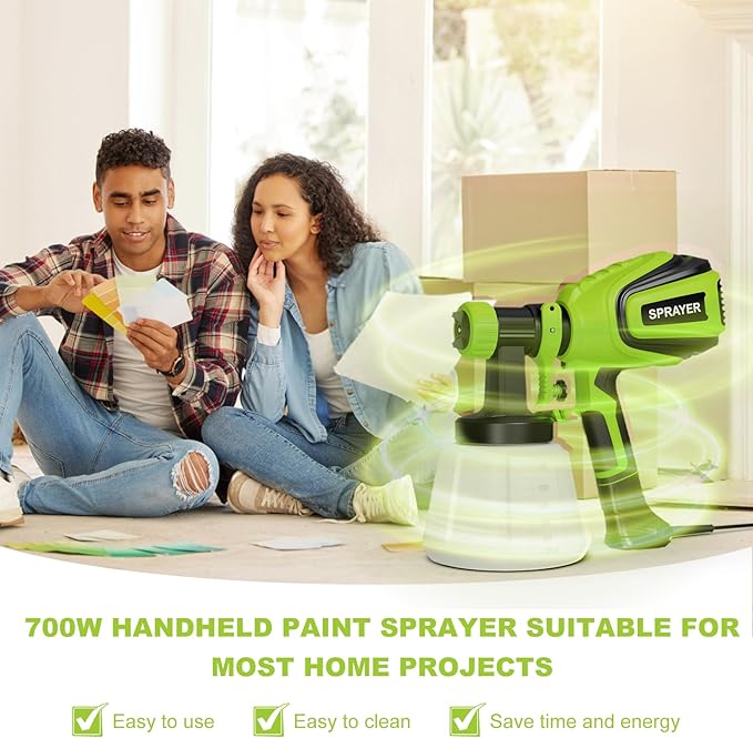 Paint Sprayer 700W, Electric HVLP Paint Spray Gun, with 4 Nozzles and 3 Patterns Cleaning & Blowing Joints Easy to Clean for Garden Chairs Fence Door Cabinets Home Interior Walls etc. VF803 Dark Green