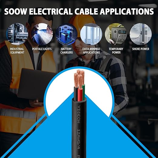 100ft 12/4 12 AWG Portable Power Cable (4 Conductor) - SOOW 600V 12 Gauge Electric Wire for Motor Leads, Portable Lights, Battery Chargers and Machinery - 4 Conductor - 100 Feet Electrical Cord