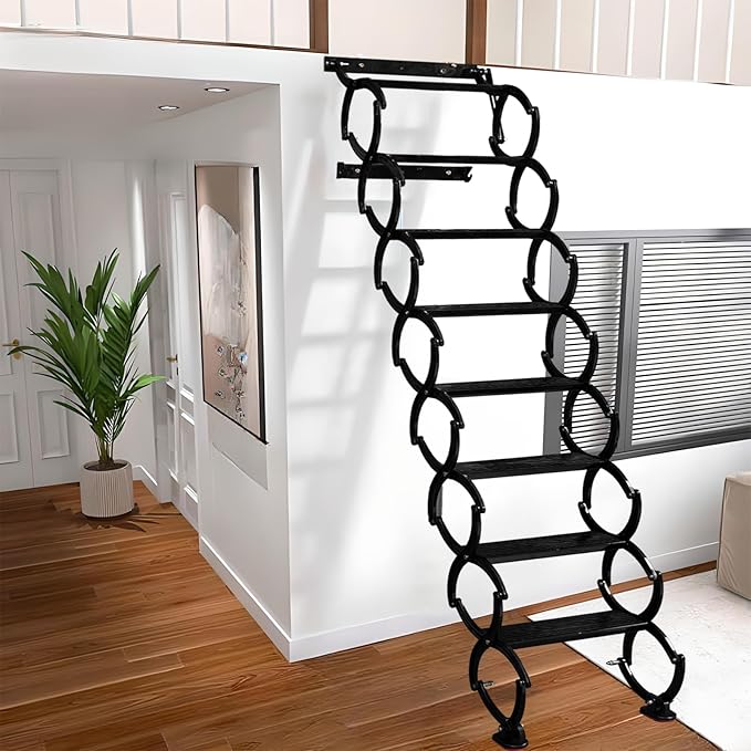8 Steps Wall Mounted Attic Ladder, Indoor Attic Stairs Pull Down System, Metal Telescoping Step Ladders, Anti-Slip Retractable Folding Stair, Loft Extension Steps Staircase (White, 8 Steps)