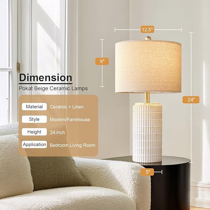 PoKat 24" Modern Ceramic Table Lamps Set of 2 for Bedroom, White Bedside Lamps for Night Stands, Farmhouse Desk Decor Nightstand Table Lamps for Living Room End Table Beige
