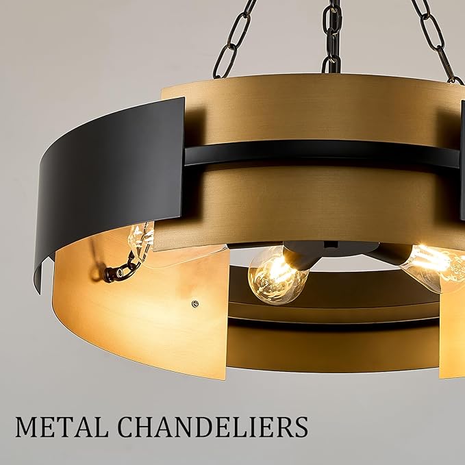 Modern Chandelier 24" Black Gold Industrial Drum Light Fixture 6-Light Metal Hanging Chandelier for Living Dining Room Foyer Entryway Kitchen