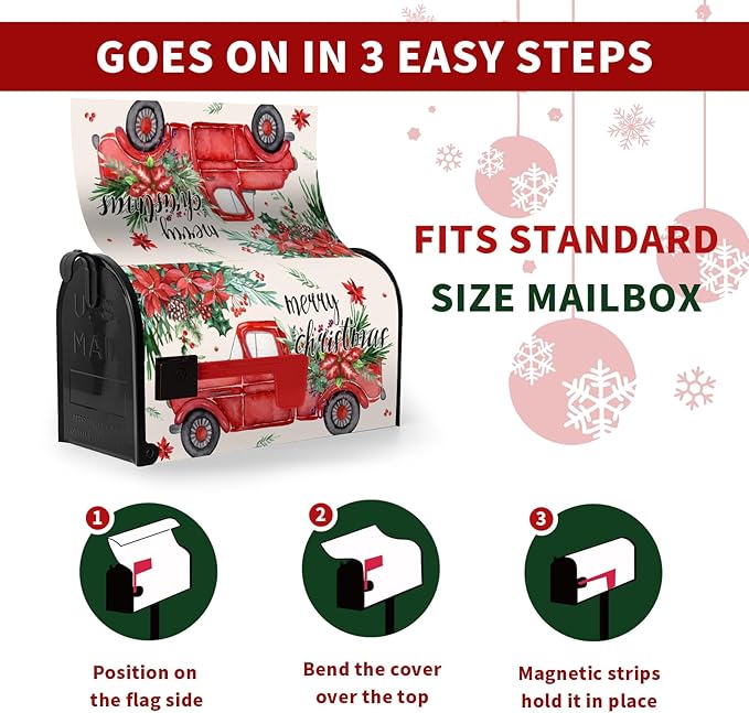 Christmas Red Truck Mailbox Covers Magnetic 21x18 Inches Standard Size Xmas Winter Mailbox Cover Wraps Post Letter Box Cover for Outside Garden Yard Outdoor Christmas Mailbox Decorations