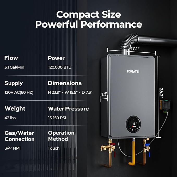 FOGATTI Propane Gas Tankless Water Heater Indoor - Max 5.1 GPM 120,000 BTU, CSA Certified Compact Design On Demand Instant Hot Water Heater - Instagas Comfort 120S Series