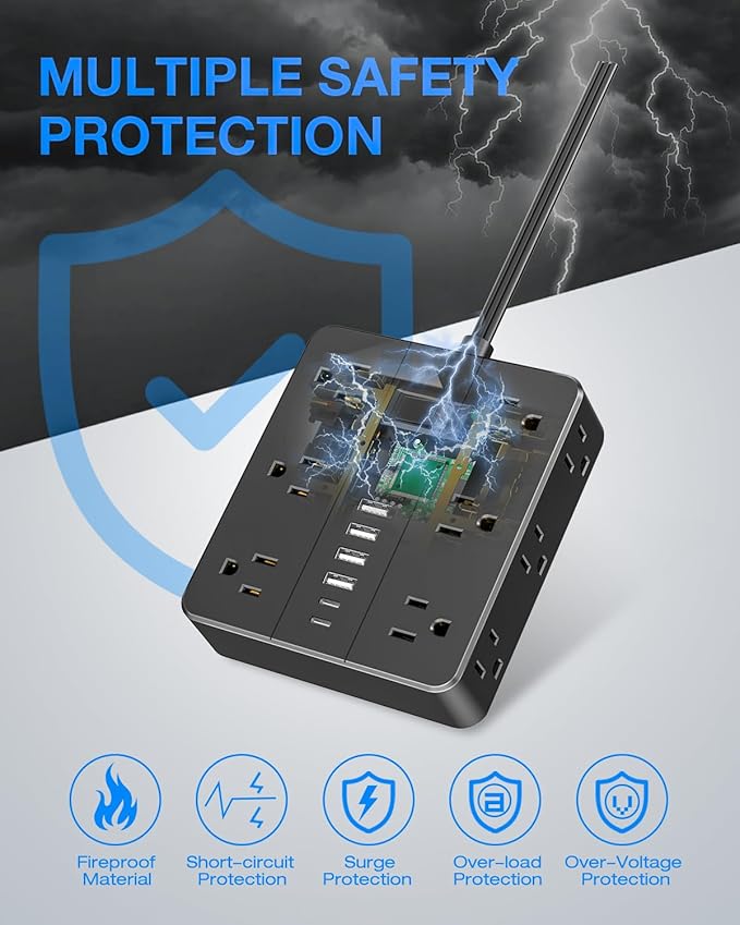 Extension Cord 25 Ft, HUNIAN Flat Plug Power Strip Surge Protector, 12 Widely Spaced Outlets with 6 USB Charger (2 USB C Ports), Desk Charging Station for Home Office Supplies, Dorm Room, Black