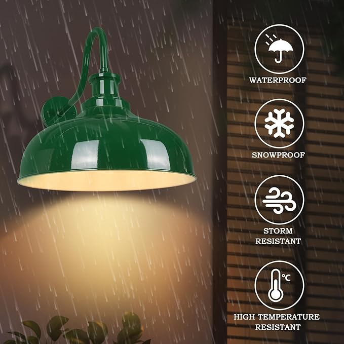 Outdoor Gooseneck Barn Lights, 14 Inch Dome Rustic Outdoor Wall Sconces, Farmhouse Exterior Wall Mount Lighting Fixture, Industrial Green Wall Lantern for Porch, Entryway, Garage, RZ007M-2 GR+WH