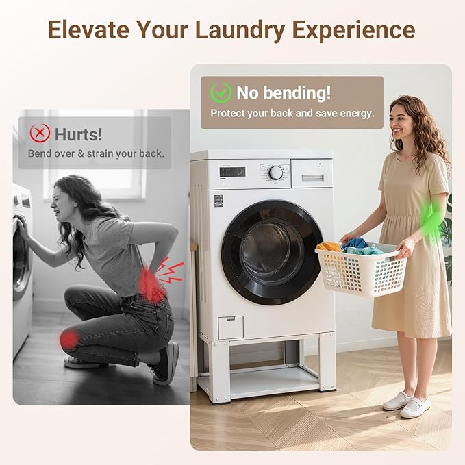 SKM Universal Washer and Dryer Pedestal Stand for 27" & 28" Machines | Heavy-Duty Steel, 700LB Capacity | 15.7" Height, Anti-Slip Design, White