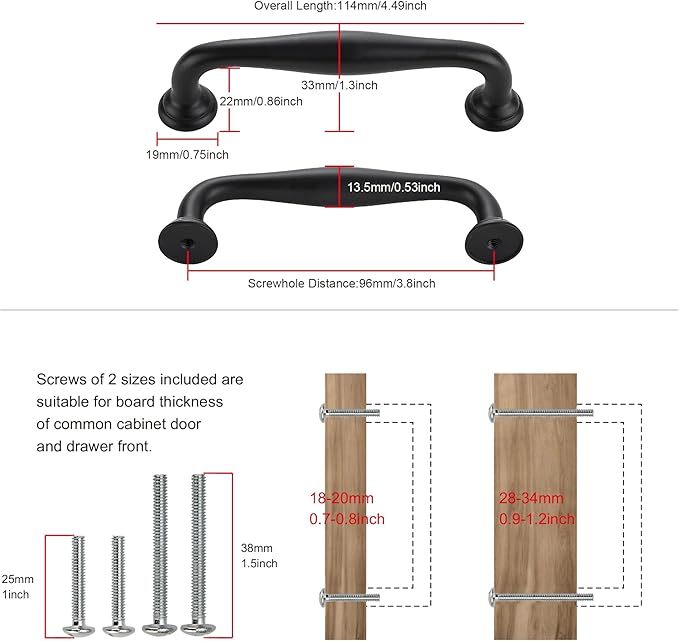 TUNNY 10 Pack Cabinet Handles-3.8"/96mm Screw Spacing Matte Black Furniture Hardware Handles for Kitchen Cabinets Bedroom Dresser Wardrobe Cabinet Pulls