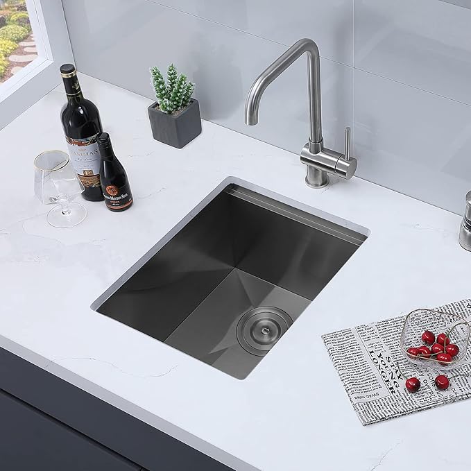 SHACO 15x19 Inch Black Undermount Bar Sink, Ledge Workstation Small Kitchen Sink, Black Stainless Steel RV Kitchen Single Bowl Wet Bar Prep Sink with Dish Grid & Drain & Cutting Board