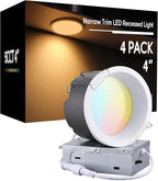 TORCHSTAR 4 Inch 5CCT LED Anti Glare LED Recessed Lights with J-Box, Narrow Trim Recessed Ceiling Light, Deep Trim Canless Downlight, Dimmable, CRI 90, 2700-5000K Selectable, ETL T24 FCC, Pack of 4