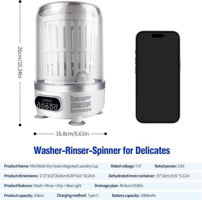 Underwear Washer, Portable Mini Washer, Spin-Dry & UV, 3 Liter Capacity/4000 mAh Battery, Type-C