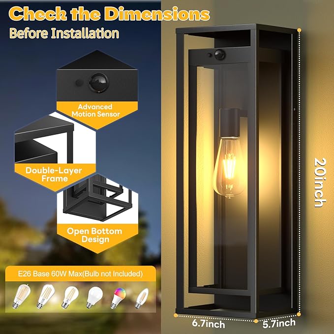 Motion Sensor Outdoor Wall Light 2Pack-15in Modern Dusk to Dawn Porch Sconce Wall Mounted Waterproof Exterior Lighting Fixture E26 Black Lantern for Outside House Garage Entryway