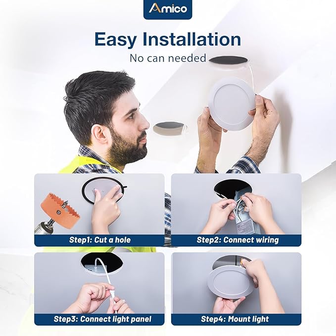 Amico 12 Pack 4 Inch 5CCT Ultra-Thin LED Recessed Dimmable Ceiling Light with Junction Box, 2700K/3000K/3500K/4000K/5000K Selectable, 10W Eqv 60W, 800Lumens, High Brightness Downlight - ETL&FCC