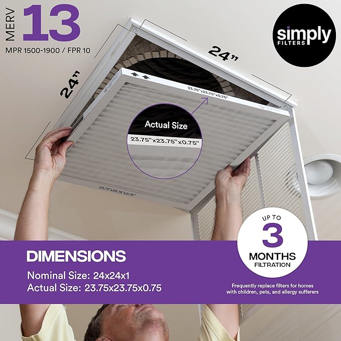 Simply 24x24x1 Air Filter, MERV 13, MPR 1500, 6 Pack, For Home AC Furnace & HVAC (Actual Size: 23.75"x23.75"x0.75") DUST, Pet, & Allergy Control