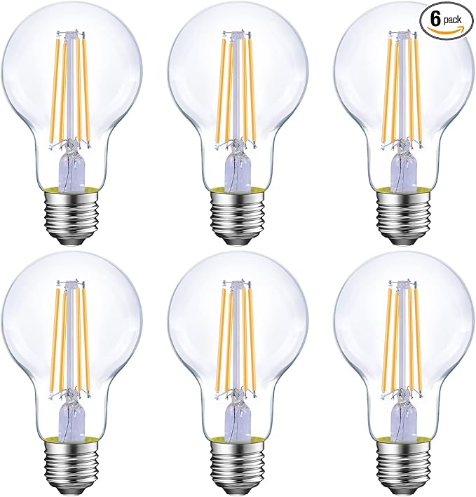 Energetic Dimmable LED Filament Light Bulbs, 8W, 60 Watt Equivalent, Soft White 2700K, Classic Clear Glass, A19 LED Light Bulb, 6 Pack
