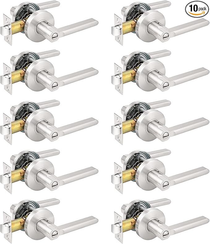 Probrico Bed/Bath Room Door Lever Modern Flat Handles in Satin Nickel, Privacy Door Lever Locks, Contractor Pack(10Pack)