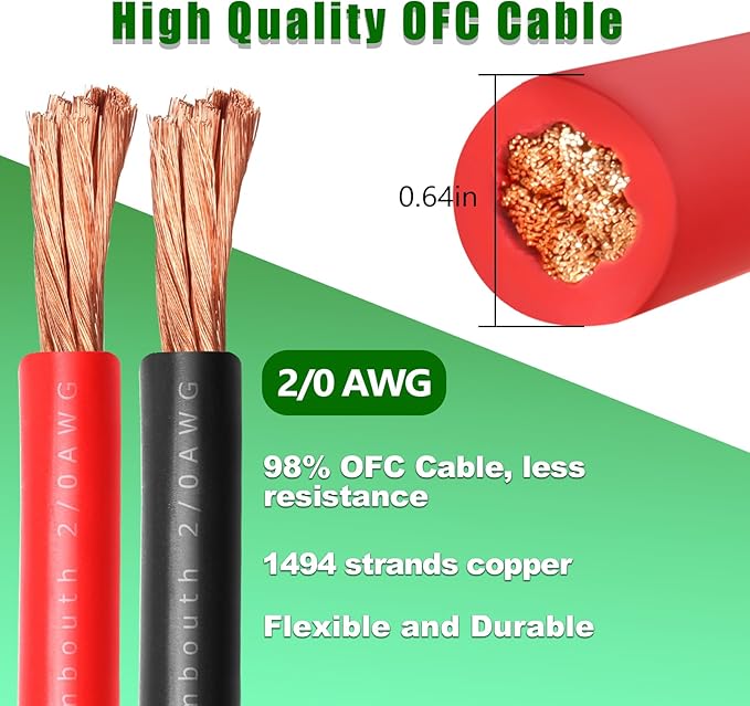 2/0 Gauge Battery Cable Copper Wire, 15FT Red+15FT Black 2/0 AWG Welding Cable Standard USA OFC Wire for Automotive, Battery, Solar, Marine and Generator