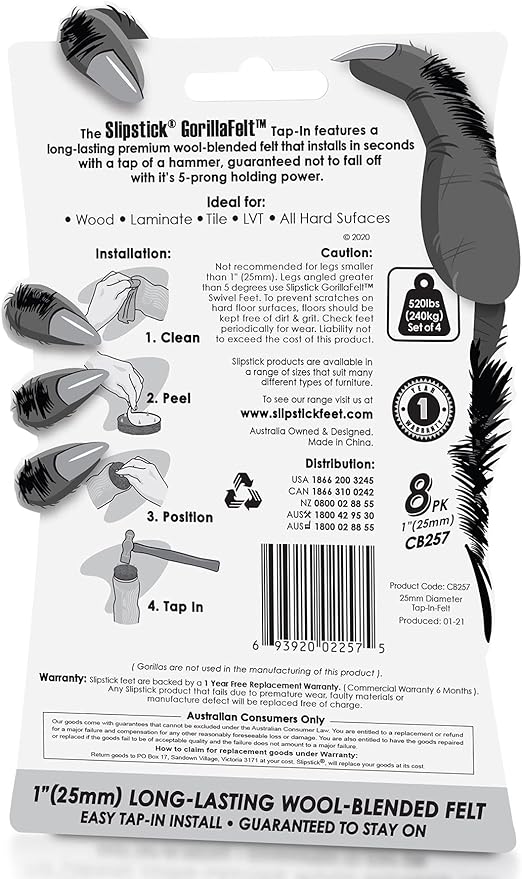 GorillaFelt CB257 Chair Leg Floor Protectors/Felt Glides (Set of 8) Tap On Felt Furniture Pads Guaranteed to Stay On, 1 Inch Round Sliders