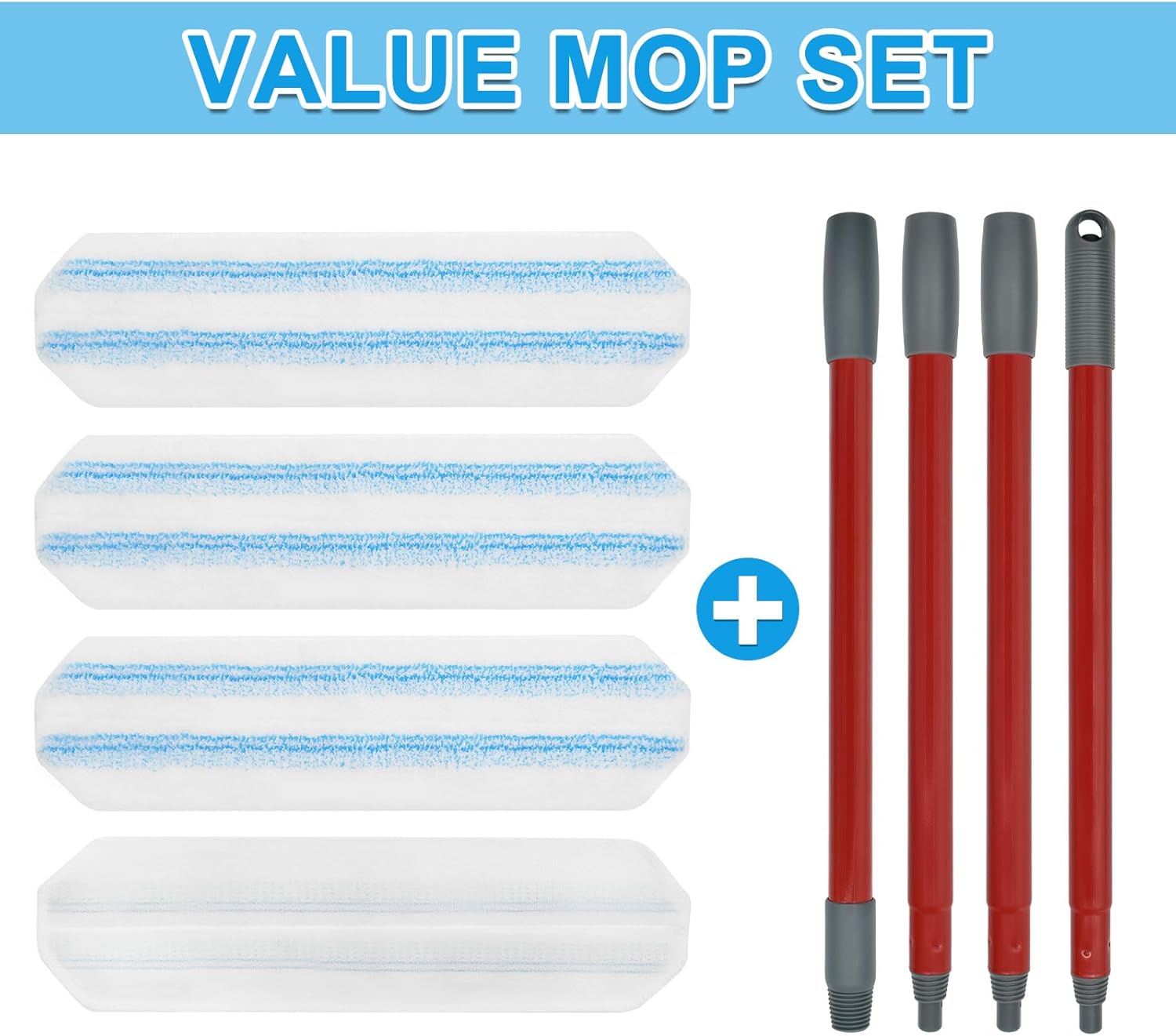 Mop Replacement Pads for Ocedar H2prO Flat Mop System, Mop Handle Mop Refills for O-Cedar H2pro Flat Mop System, Include 4 Pack Mop Pads and 4-Section Mop Handle for Ocedar H2 Pro Mop