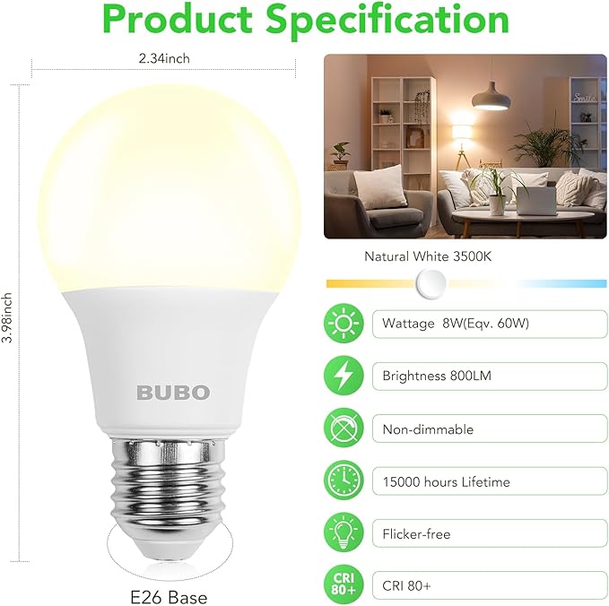 BUBO A19 LED Light Bulbs, 60 Watt Equivalent LED Bulbs, Natural White 3500K, 800 Lumens, E26 Standard Base, Non-Dimmable, 8W Natural White LED Bulbs for Bedroom Living Room Home Office, 24 Pack