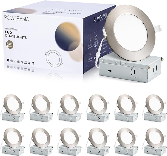12 Pack Recessed Lighting 4 Inch with Junction Box, 5CCT 4 Inch Brushed Nickel LED Recessed Lights Dimmable 2700K-6000K, 9W 700lm Ultra Thin Recessed Lighting - ETL and Energy Star Certified