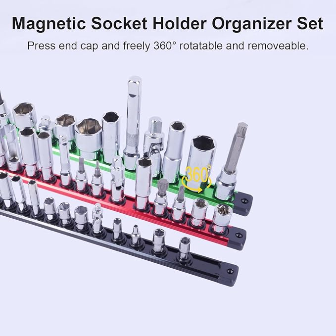 Magnetic Socket Holder Organizer Set: 6-Piece 1/4, 3/8, 1/2 Drive Socket Trays Socket, 360° Swivel Clips Socket Holder Kit, For Automotive Mechanic Garage (Black Red Green)