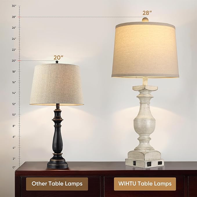 Farmhouse Table Lamp Set of 2, 28'' Bedside Lamps with USB A+C Port, Traditional Nightstand Lamps for Room, Vintage Table Lamp, Desk Lamp for Bedroom, Beige Lampshade, Rocker Switch, Bulb Included