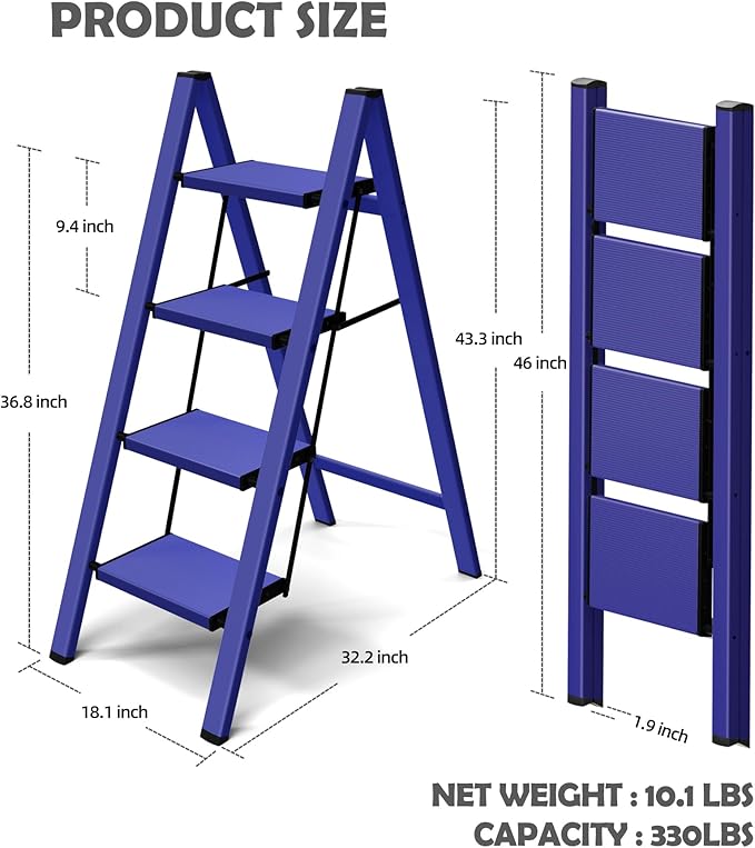 Taranta 4 Step Ladder,Aluminum Lightweight Folding 4 Step Stool with Anti-Slip Wide Pedal,330lbs Capacity Step Ladder for Household,Kitchen,Office - Blue