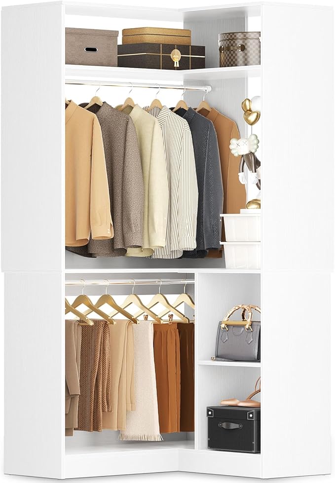 Aheaplus Corner Closet System With Shelves, 34'' Organizer With Hanging Rods, Wood Walk-in for Small Space, Freestanding Tower, L Shaped Garment Rack, White