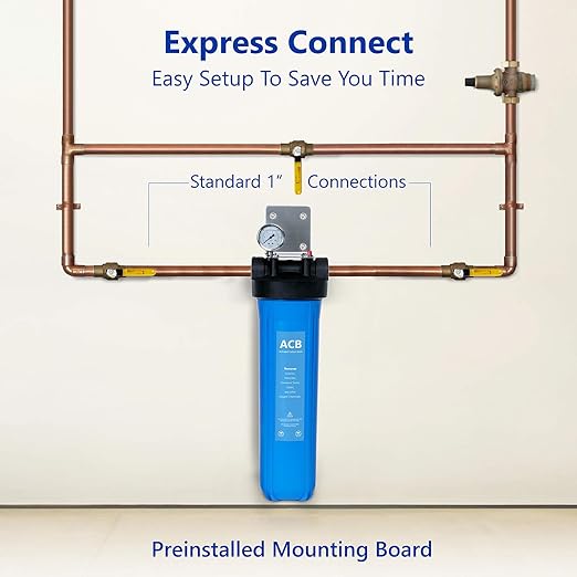 Express Water Whole House Water Filter, 1 Stage Home Water Filtration System, Carbon Filter, Includes Pressure Gauges, Easy Release, and 1 Inch Connections.