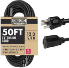 50 Ft Black Oil Resistant Extension Cord for Farms & Ranches - 12/3 SJTOW Heavy Duty 12 Gauge Outdoor Cable with 3 Prong Grounded Plug, 15 AMP