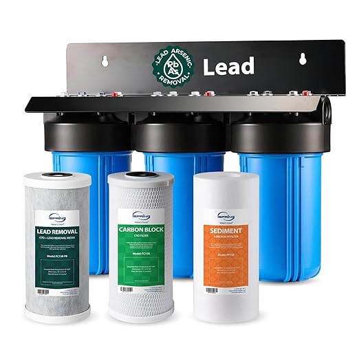 iSpring 3-Stage Whole House Water Filter System, SGS-Tested to Remove Up to 99% Lead, Reduces Chlorine & Sediment, Whole Home Water Filtration System w/ 10” x 4.5” Filters, Model WGB31B-CPB
