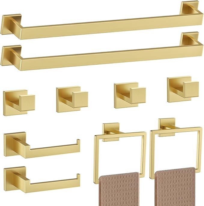 Brushed Gold Towel Bar Set Towel Holder Set,10-Piece Gold Bathroom Hardware Accessories Set,Stainless Steel Towel Rack Set for Bathroom Wall-Mounted,23.6-Inch