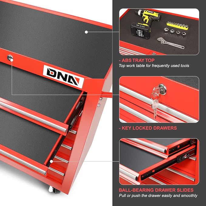 DNA MOTORING TOOLS-00264 7-Drawer Plastic Top Rolling Tool Cabinet with Keyed Locking System,27.55" L X 13" W X 30.31" H,Red