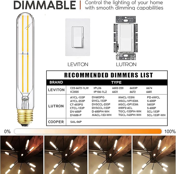7.3 Inch E26 T10 Led Bulb 60 watt 3000k Soft White Edison Bulbs,6W E26 Long Light Bulb Tubular Light Bulb T10 Bulb T9 for Rustic Pendant,Industrial Pipe,Wall Sconces 6 Pack