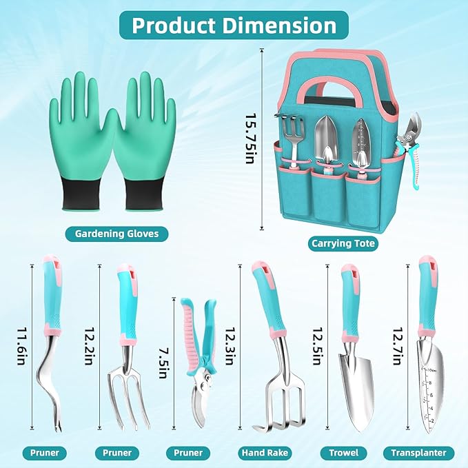 MelonArt Garden Tool Set,8 Pcs Gardening Hand Tool Starter Kit for Women Heavy Duty Outdoor Tool Kit Aluminum Alloy with Non Slip Ergonomic Handle, Ideal Gifts for Women and Men, Green&Pink