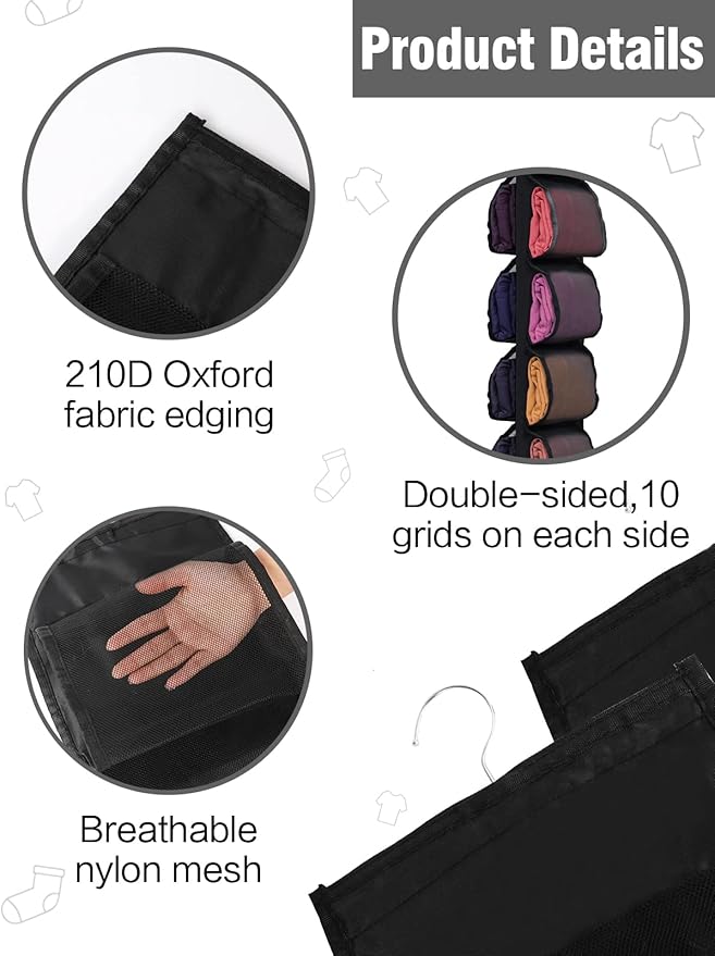 Aulock Legging Organizer for Closet, Hanging Closet Storage Organizer System, Clothes Closets Holder with 20 Roll Independent Compartments for Yoga T-Shirts Bras Socks Pants Tank Top Towel (Black)