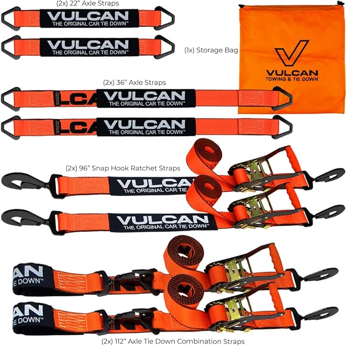 VULCAN Ultimate Axle Tie Down Kit - Heavy Duty ProSeries Webbing - Includes (2) 22 Inch and (2) 36 Inch Axle Straps, (2) 96 Inch Snap Hook Ratchet Strap, and (2) 112 Inch Loop Tie Down Combinations