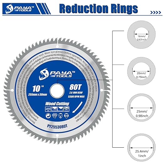 10-Inch 80-Tooth Circular Saw Blade,TCT ATB Framing Blade,30mm Bore (16, 20,25 and 25.4mm Reduction Rings Included) for Table Saws