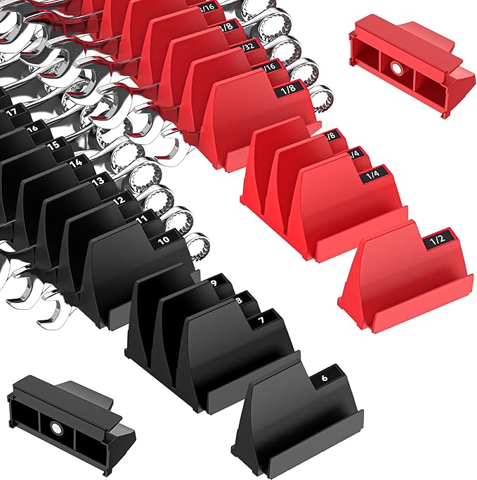 42PCS Magnetic Modular Wrench Organizers for Tool Drawers - Black & Red - Wrench Rack with Metric & SAE Labels, Customizable Magnet Tool Storage Holder for Tool Box Organization