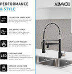 Kitchen Faucet Black AIMADI Black and Brushed Nickel Kitchen Faucet with Pull Down Sprayer,Single Handle Faucet for Kitchen Sink with LED Light