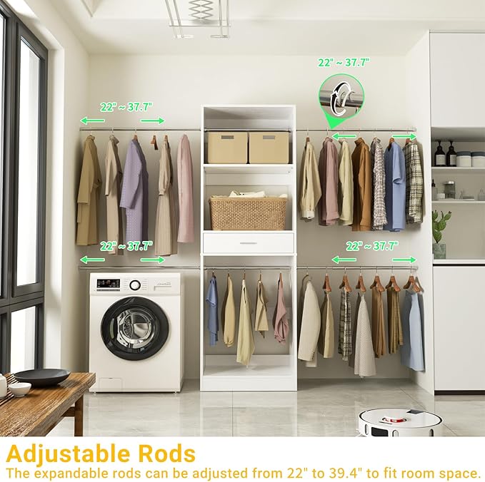 Unikito 8FT Closet System, 96 Inch Walk in Closets Organizer Kit with 4 Extendable Hanging Rods and Drawer, Adjustable Wood Garment Rack, Sturdy Closet Insert, Easy Assembly, Max Load 1000 LBS, White